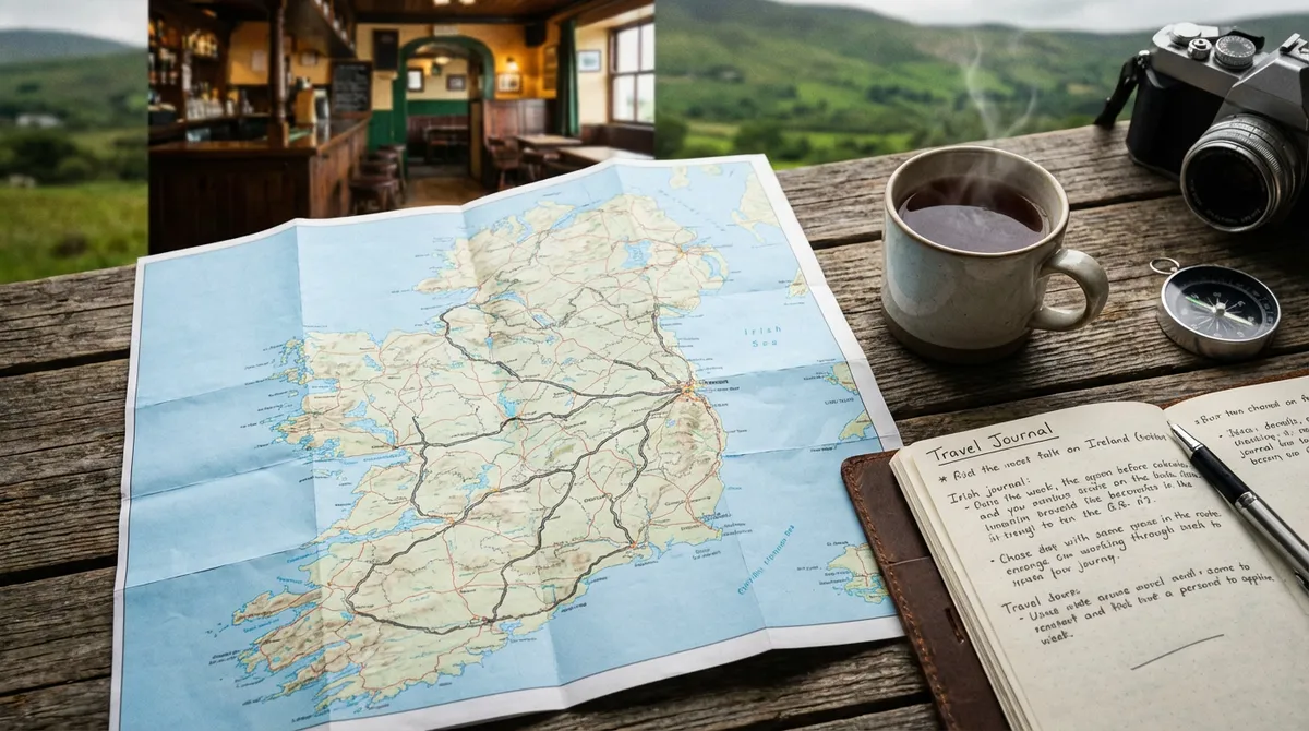 Roadmap of Ireland on a wooden table with a cup of tea, symbolizing travel planning.