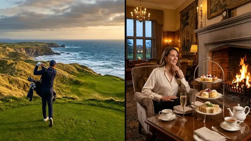 A visual representation of a balanced luxury vacation in Ireland combining world-class links golf with 5-star castle hotel experiences.