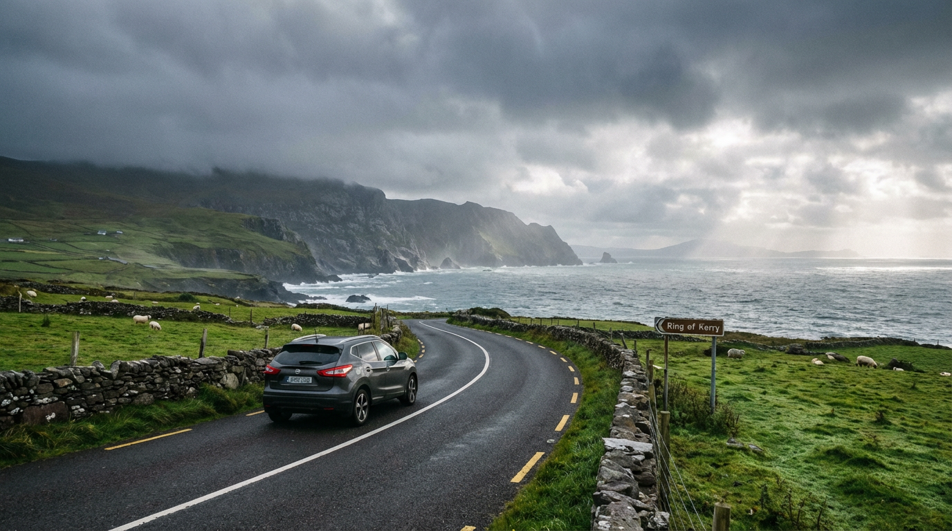 Modern commercial car on a winding coastal road in Ireland with dramatic cliffs and the Atlantic Ocean