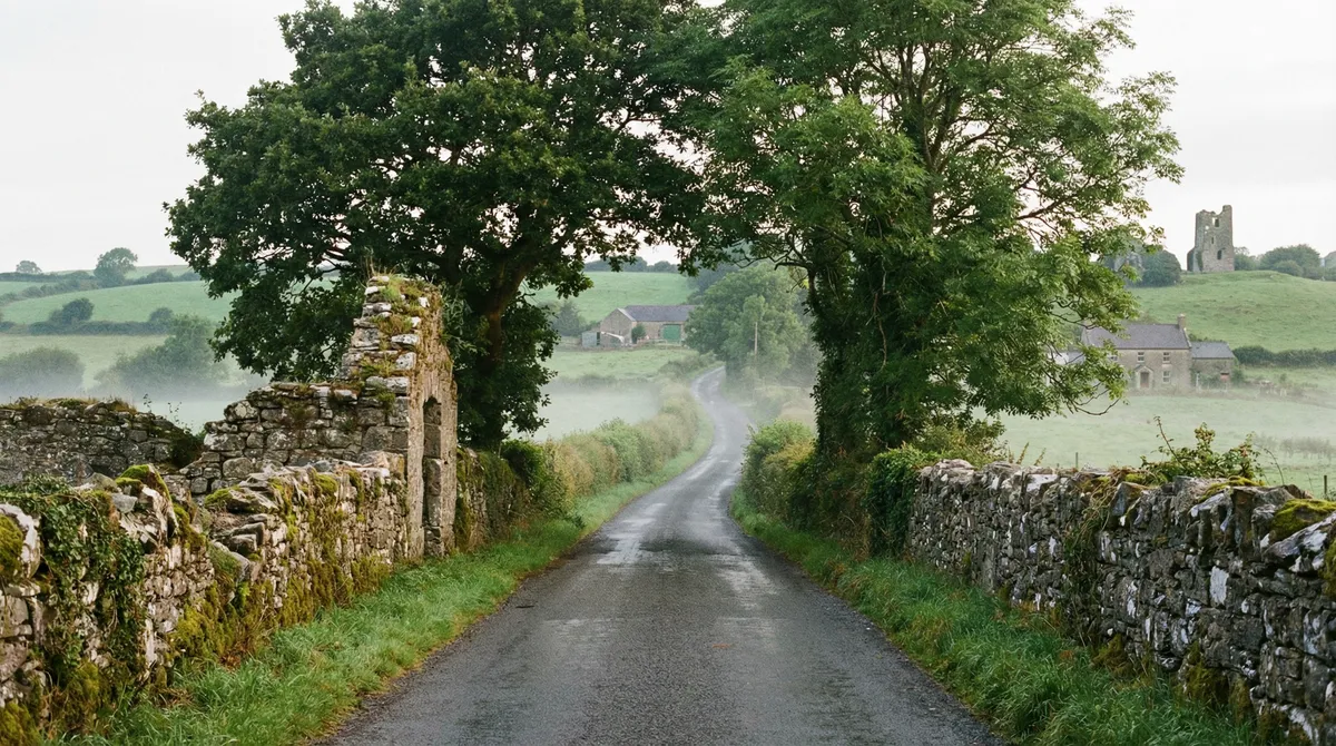 A winding, narrow country road in rural Ireland, flanked by stone walls and ancient trees, evoking a sense of peaceful exploration.
