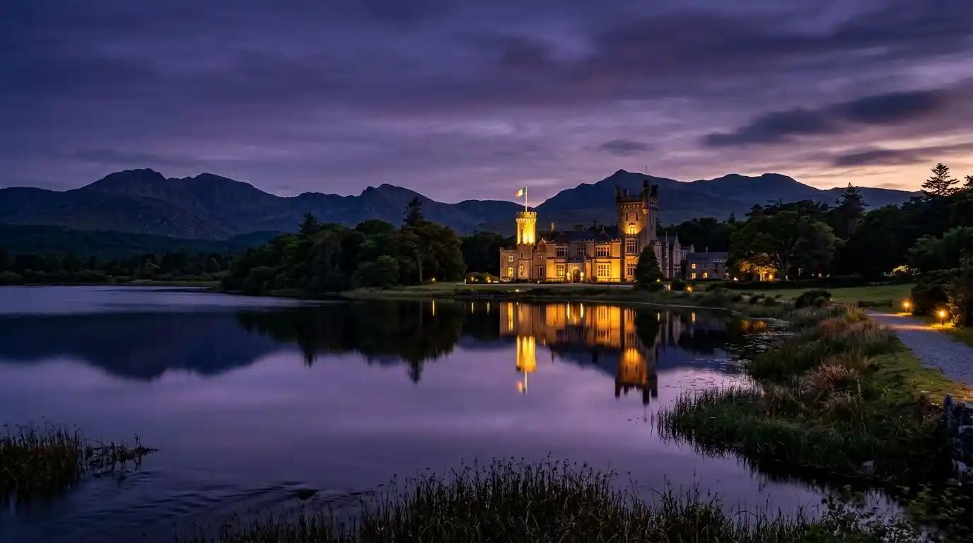The illuminated Lough Eske Castle at twilight in the Donegal mountains.