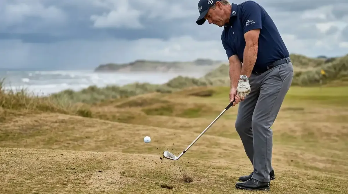 A close-up view of a low punch shot being played on the firm sandy turf of an elite Irish golf links.