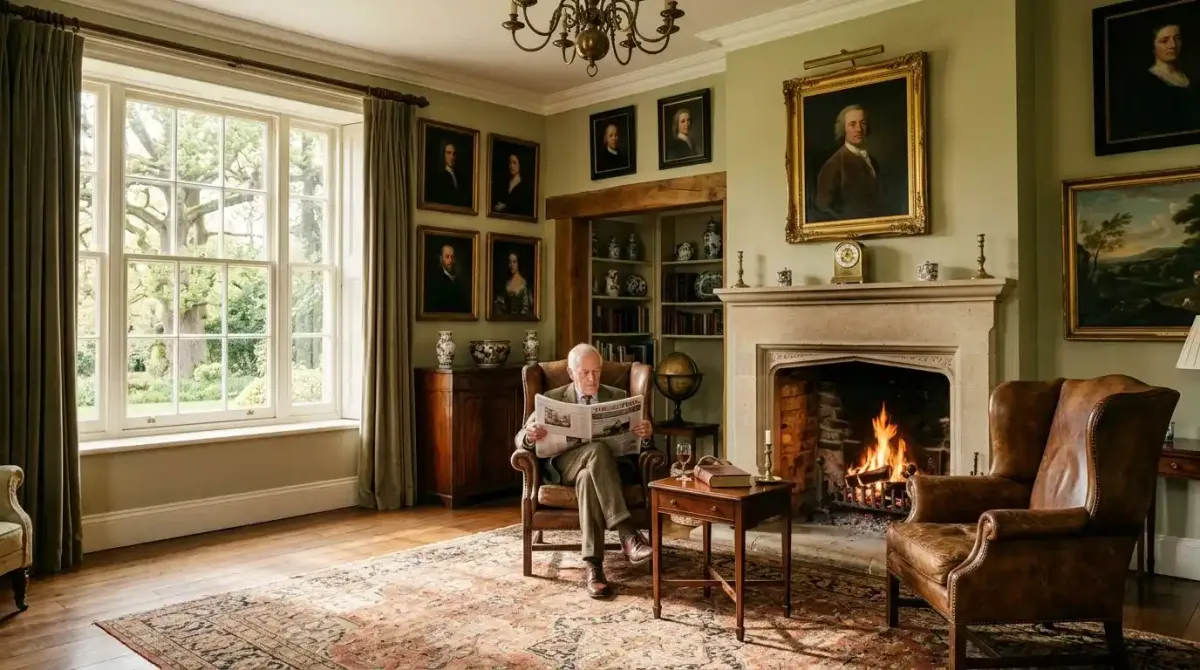 The warm, private interior library lounge of a luxury Irish country manor hotel.
