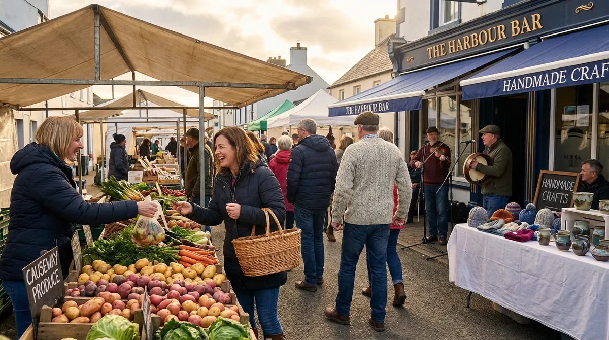 Local market scene with fresh produce and crafts in a Causeway Coast town