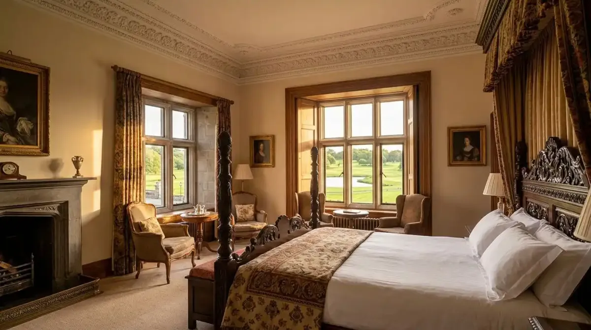 A luxury bedroom suite inside Dromoland Castle, County Clare.