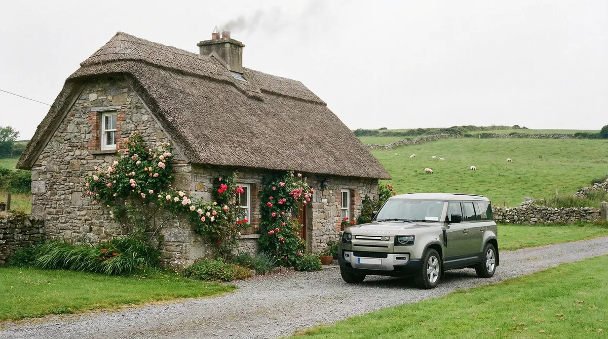 Traditional Irish farm cottage with a modern rental car in a rural setting