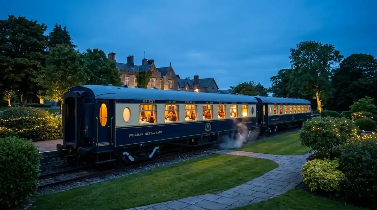 Pullman Restaurant carriages at Glenlo Abbey in Galway, offering a unique luxury dining experience.