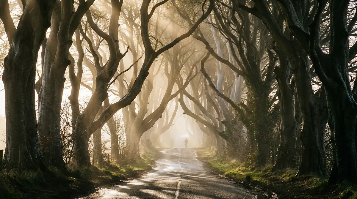 The iconic Dark Hedges avenue of intertwined beech trees on a misty morning.