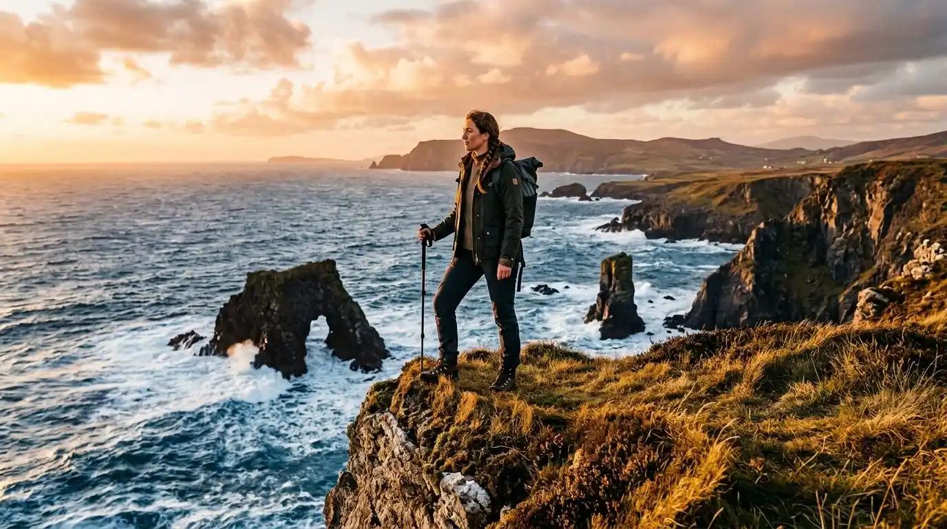 A luxury walker enjoying a panoramic sunset view over the Atlantic ocean on a premium hiking tour in Ireland.