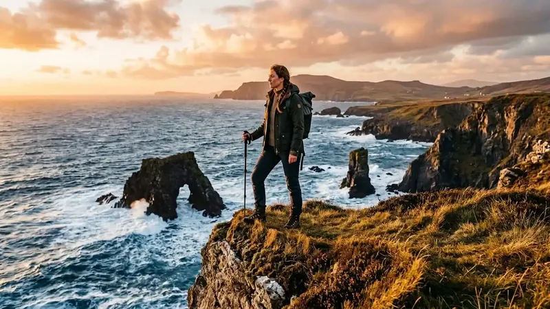 A luxury walker enjoying a panoramic sunset view over the Atlantic ocean on a premium hiking tour in Ireland.