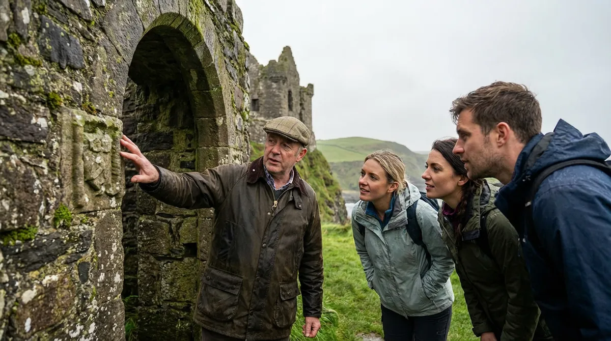 Local guide sharing insights with travelers at a lesser-known castle ruin in Northern Ireland