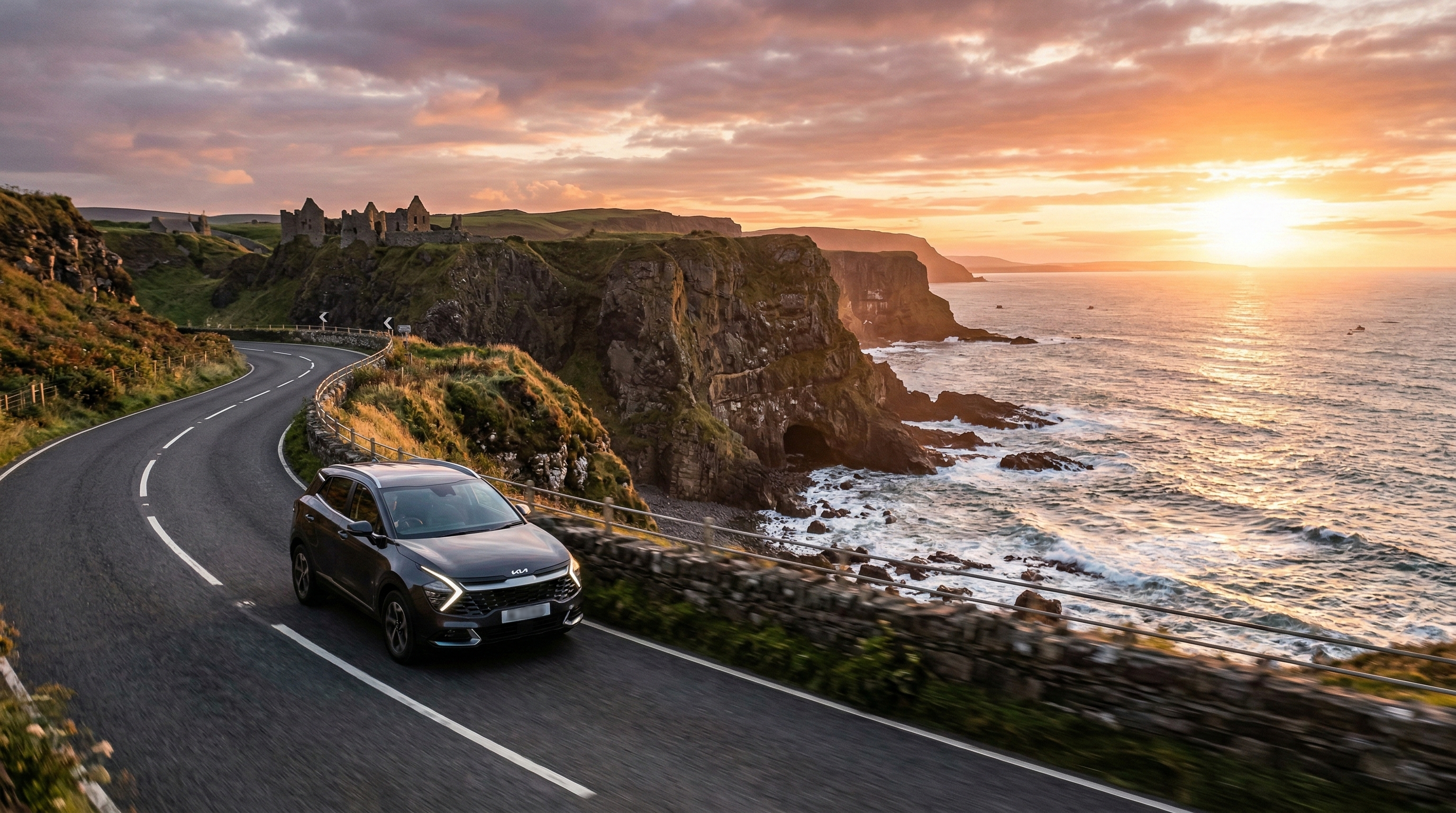Modern SUV driving along the scenic Causeway Coastal Route in Northern Ireland at sunset