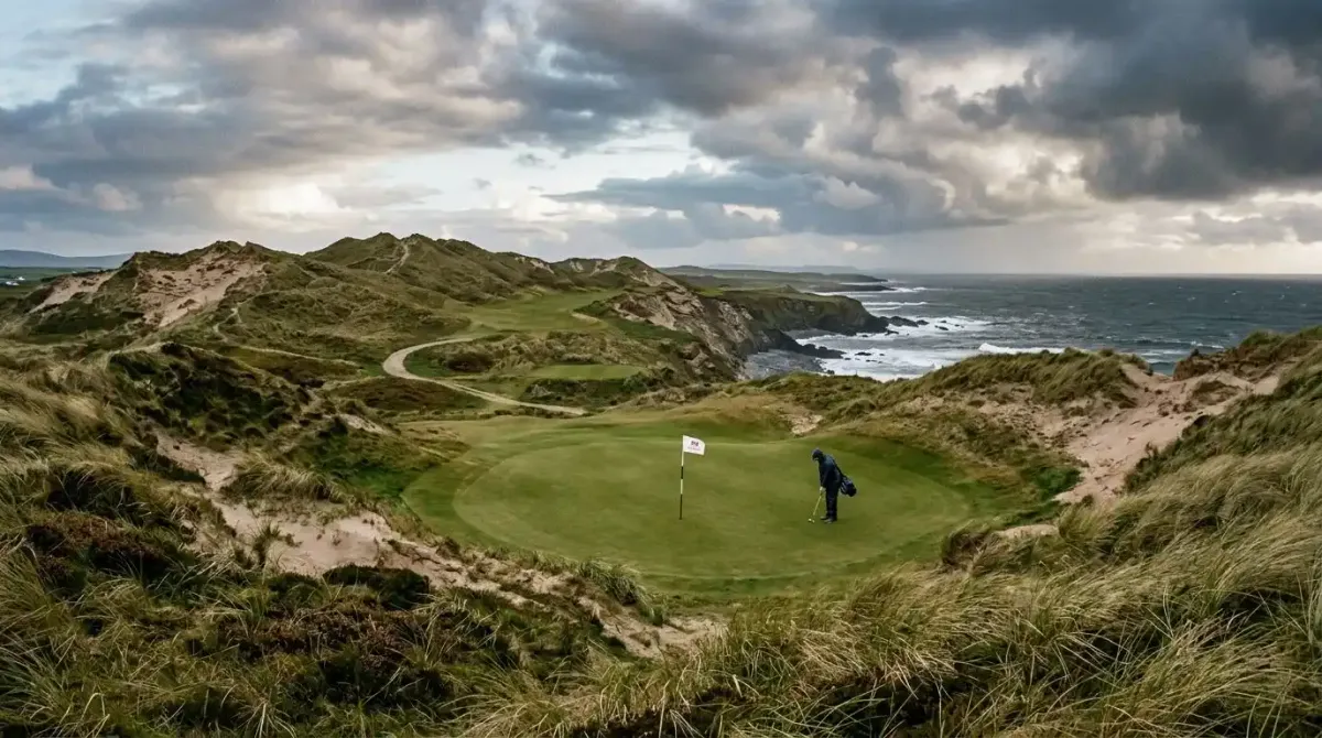 The untamed, majestic sand dune fairways of Carne Golf Links overlooking the Atlantic coast of Mayo.