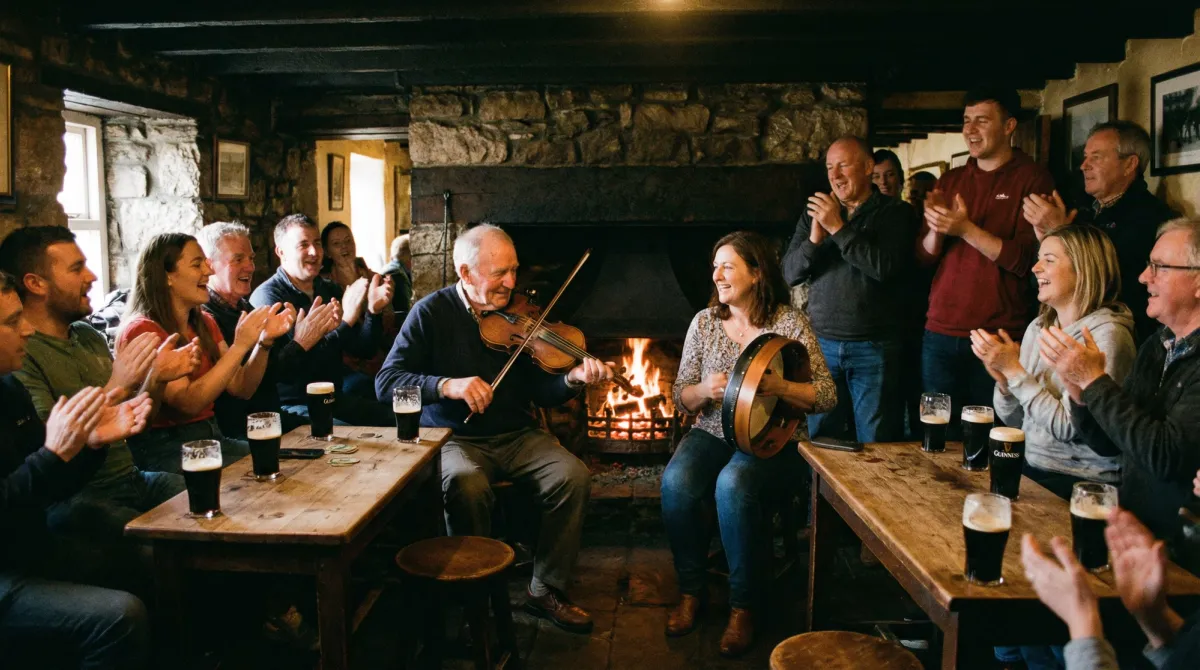 Lively traditional Irish music session in a cozy pub along the Wild Atlantic Way, with musicians and an engaged audience.