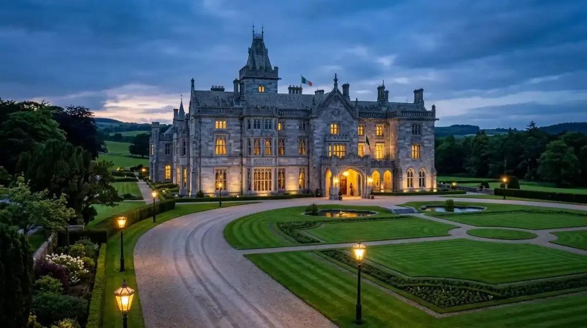The magnificent exterior of Dromoland Castle hotel estate during a luxury bespoke golf tour of Ireland.