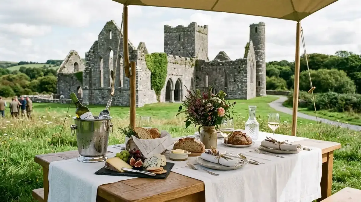 A private gourmet field luncheon arranged exclusively for hikers beside a historic medieval ruin.