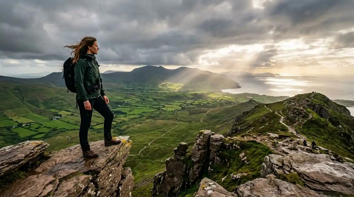 A premium hiker surveying the dramatic coastal mountain ridges of Kerry on a custom luxury hiking vacation in Ireland.