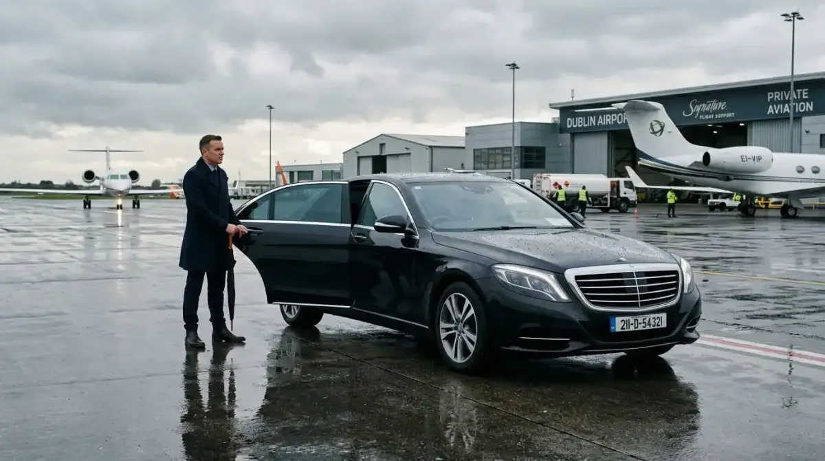 A premium executive vehicle waiting at the airport terminal for a fast-track concierge transfer.