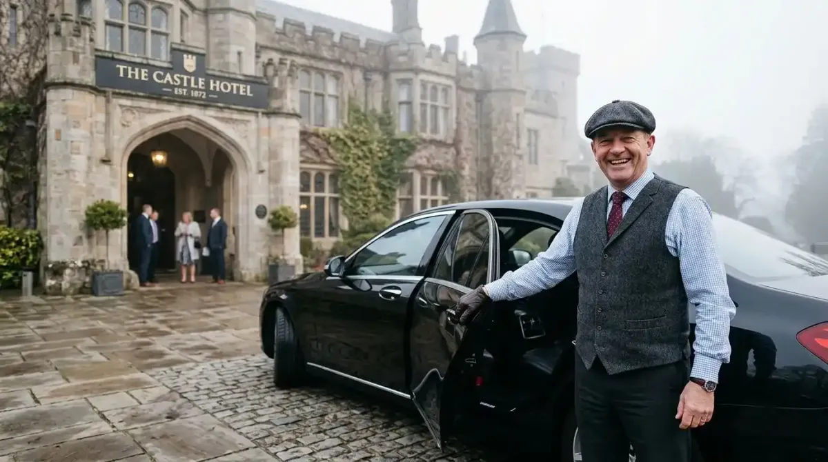 A professional private driver welcoming guests outside a luxury castle estate in Ireland.