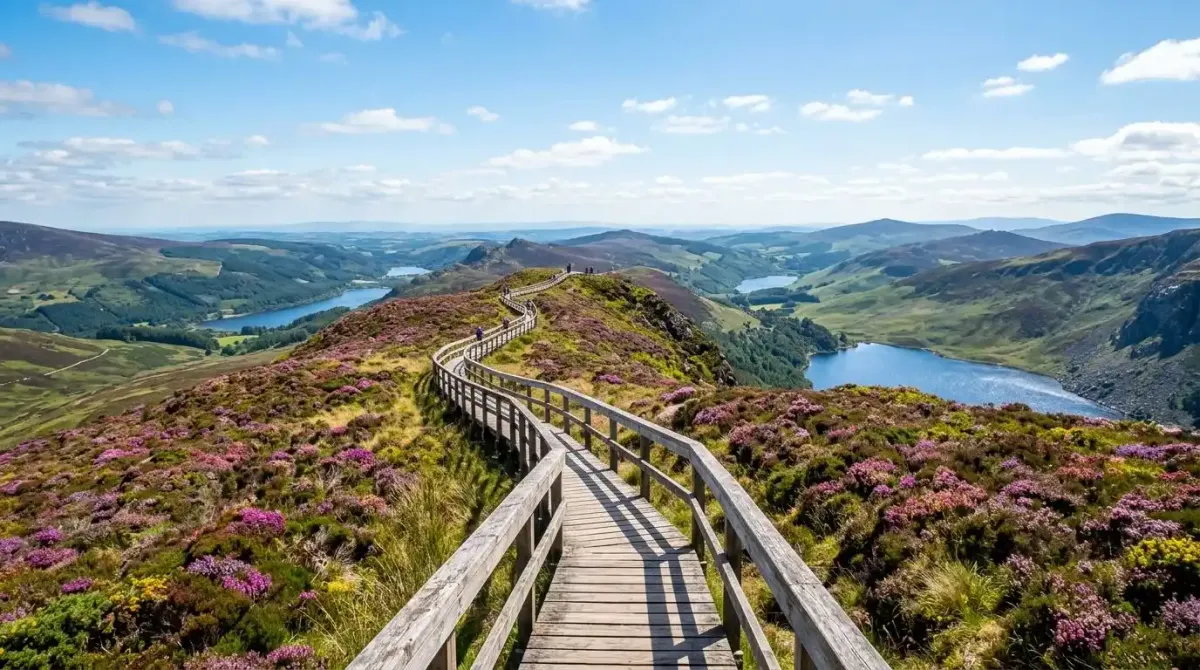 A premium wooden boardwalk walking trail crossing a scenic mountain ridge in the Wicklow Mountains.
