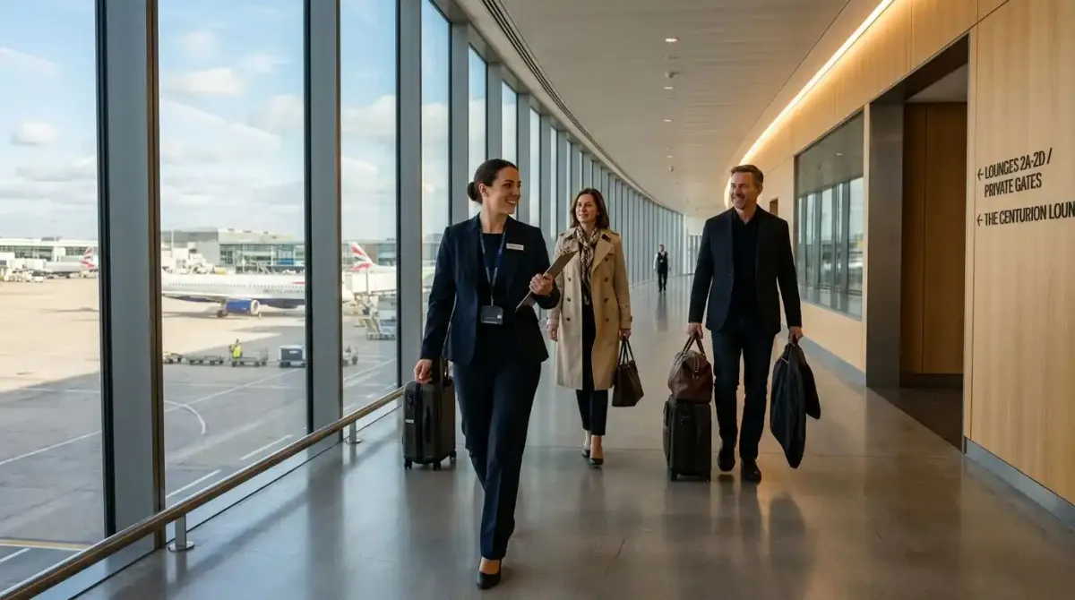 Bypassing the public arrivals terminal using a luxury fast-track airport concierge service.