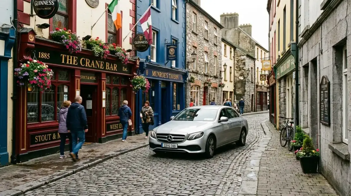 Navigating the narrow, historic streets of Galway's city center.