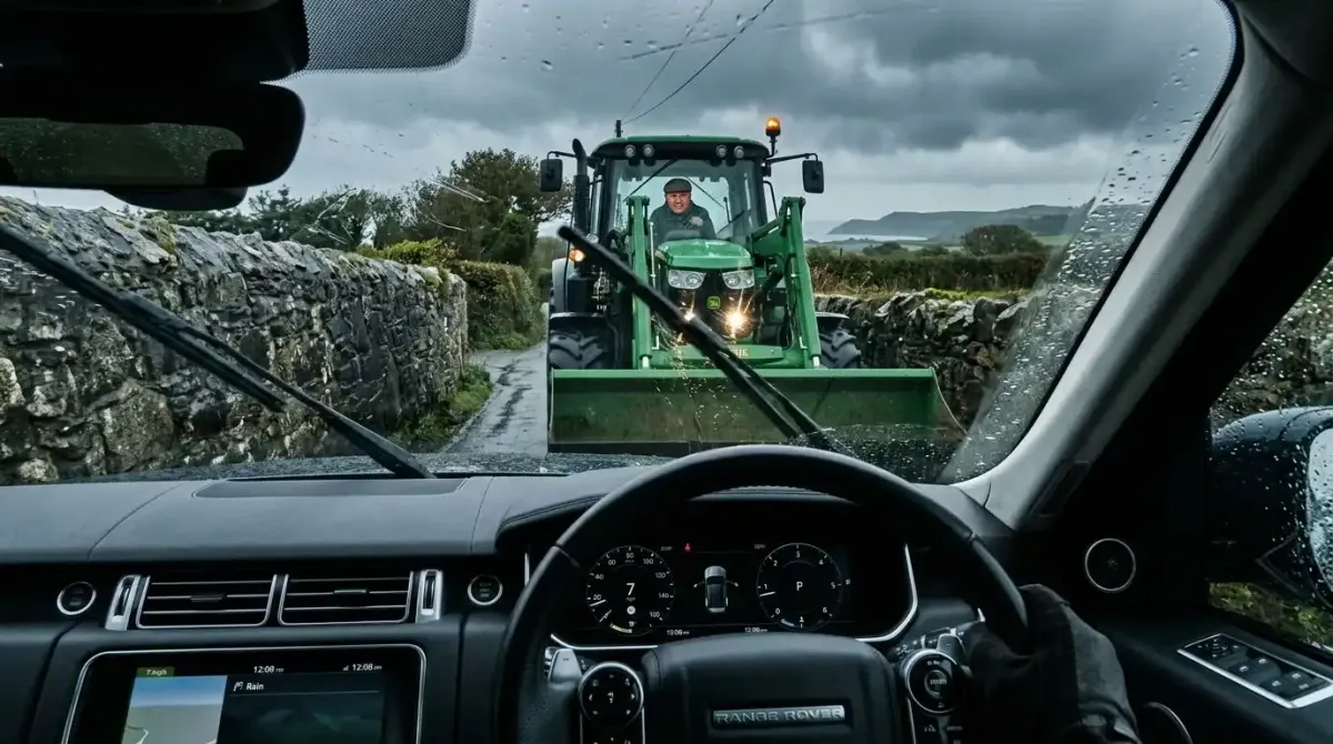 The intense stress and physical constraints of driving a rental car on narrow Irish rural roads.