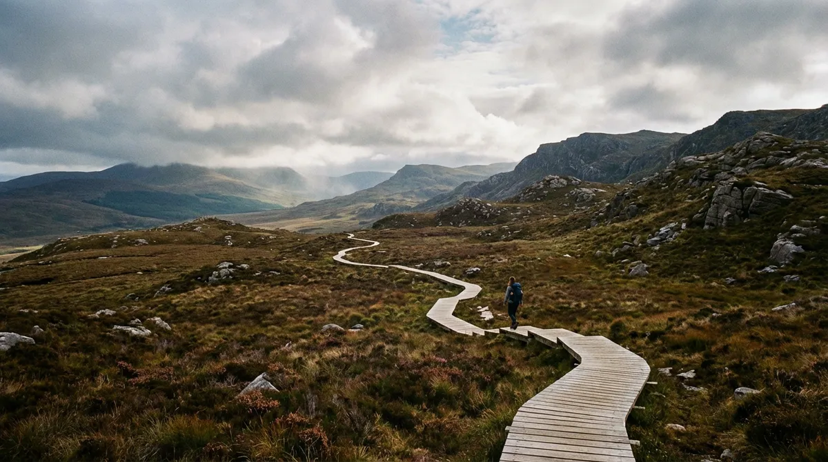 Cuilcagh Boardwalk Trail winding through a scenic mountain bog landscape