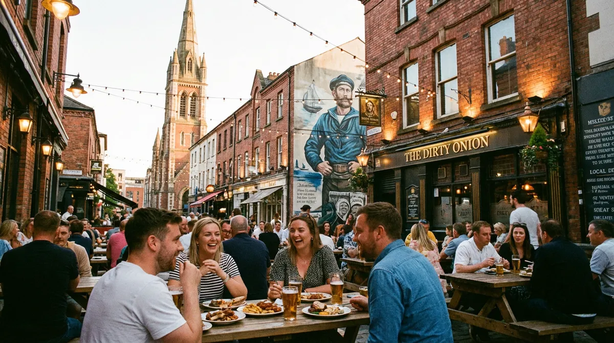 Vibrant outdoor dining and street art in Belfast's Cathedral Quarter.