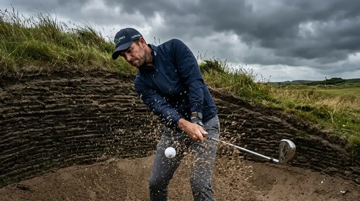 A close-up view of an executive golfer escaping a deep sod-walled pot bunker on a premium Irish links track.