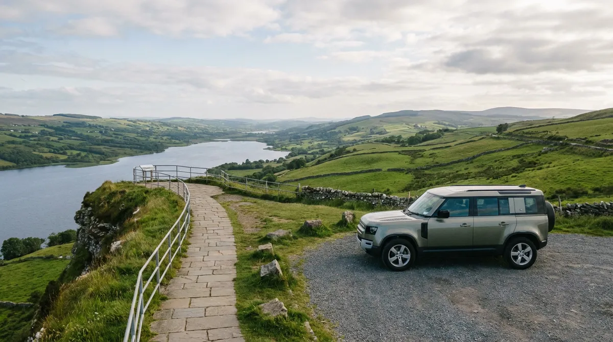 Modern car parked at a scenic viewpoint overlooking a tranquil Northern Irish lough.