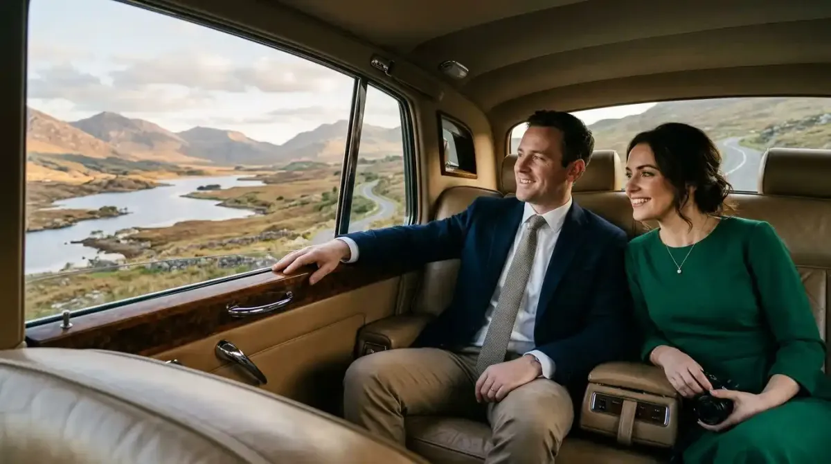 Travelers enjoying the scenic views of Connemara from the comfort of a private chauffeur-driven car.