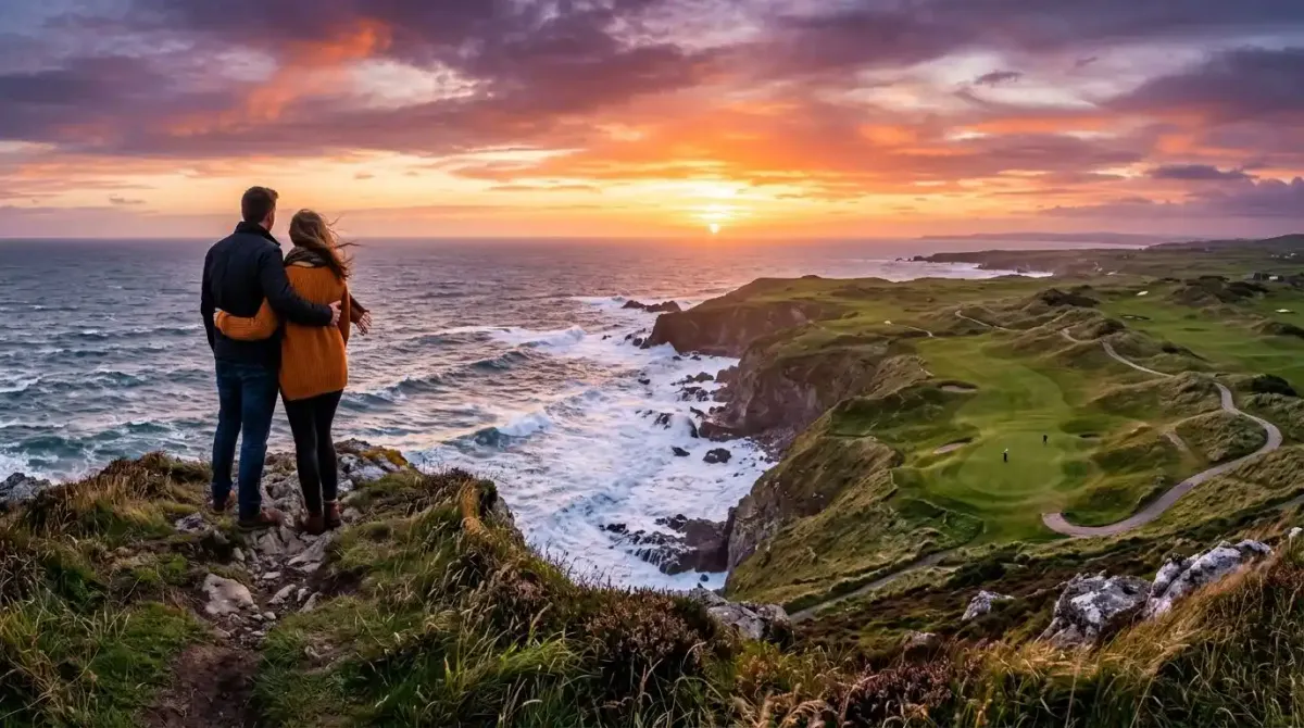 A couple sharing a milestone luxury travel experience along the scenic golf coastlines of Ireland.
