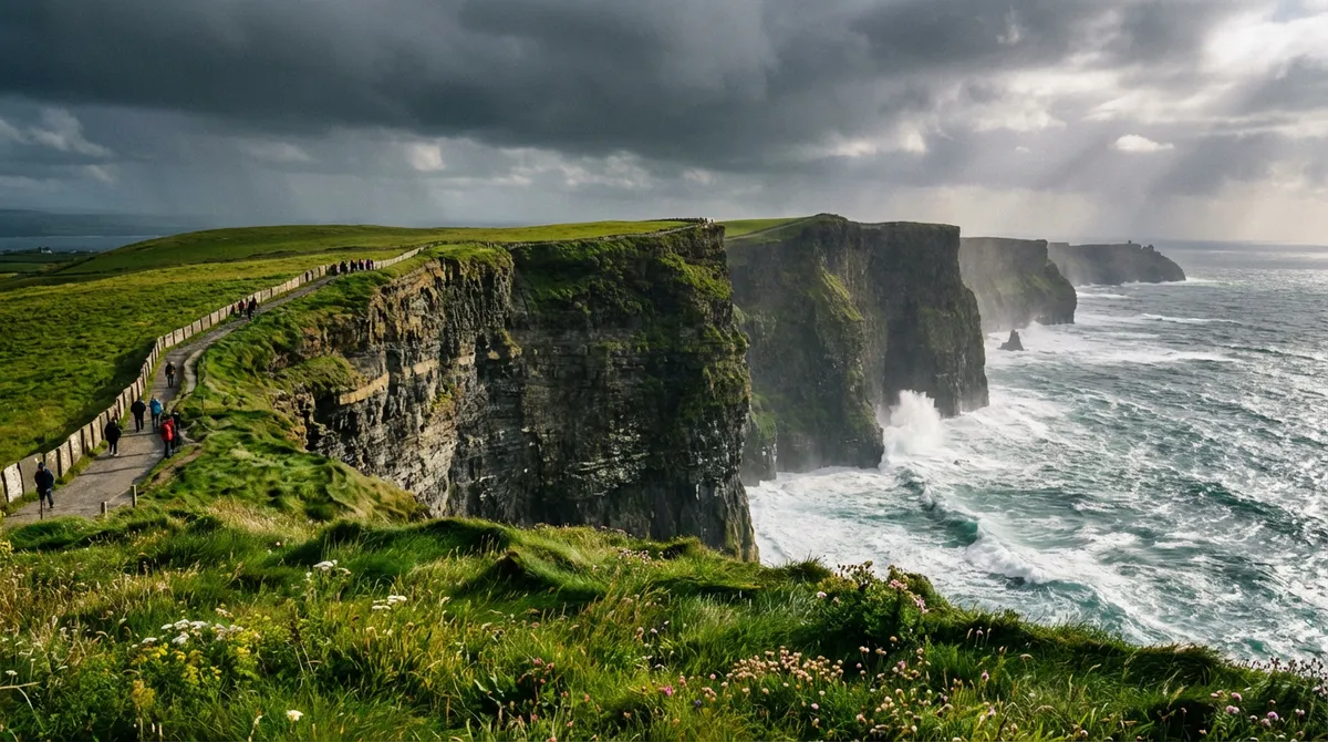 Dramatic view of the Cliffs of Moher with Atlantic waves, a walking path, and lush green grass under a moody sky.