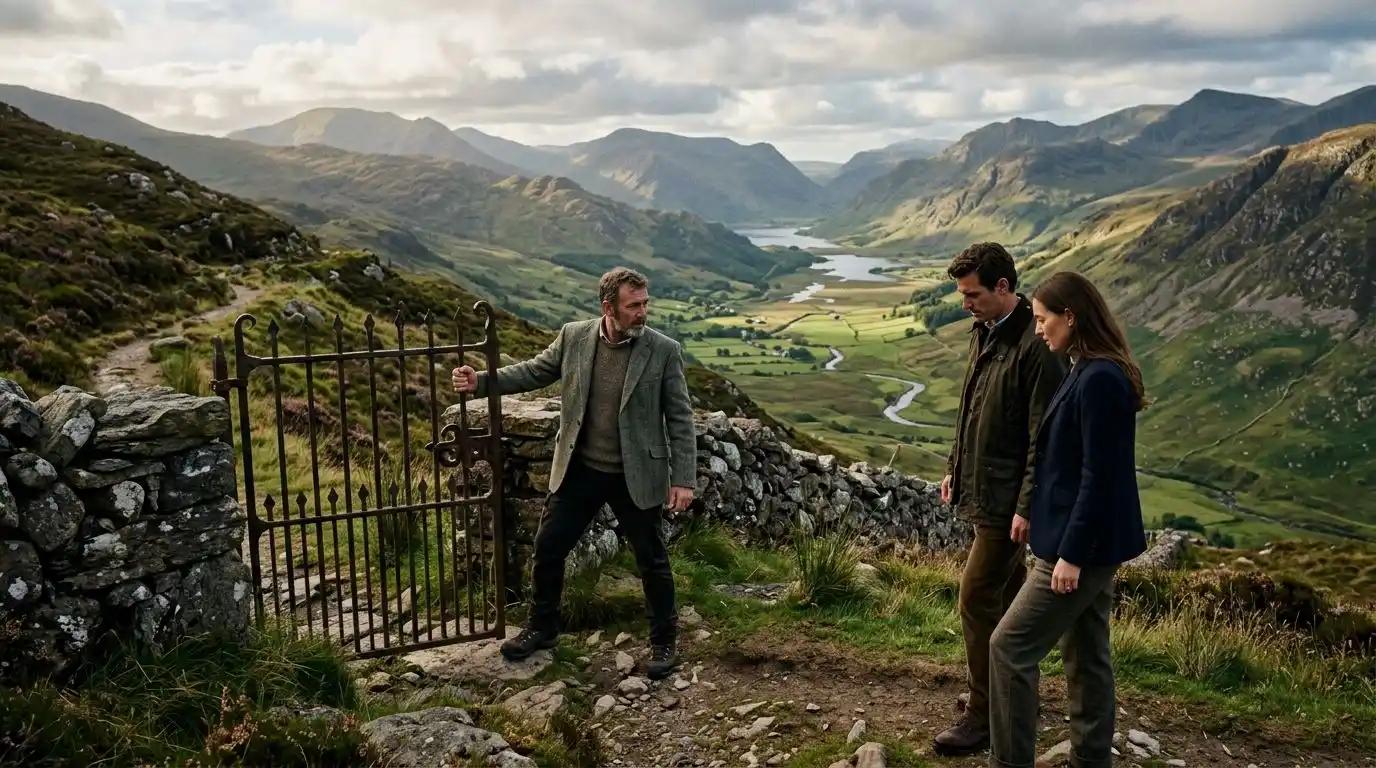An exclusive private heritage guide unlocking a remote trail route for luxury walkers on a custom tour in Ireland.