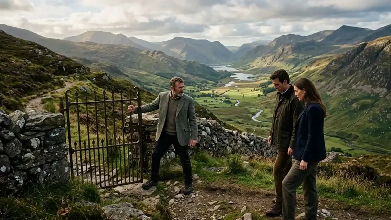 An exclusive private heritage guide unlocking a remote trail route for luxury walkers on a custom tour in Ireland.