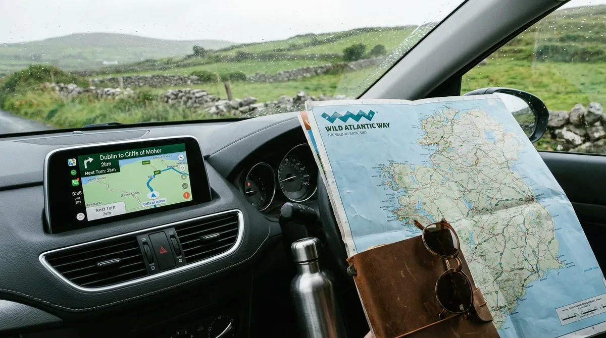 Dashboard of a modern rental car showing GPS, map, and travel essentials for a drive in Ireland