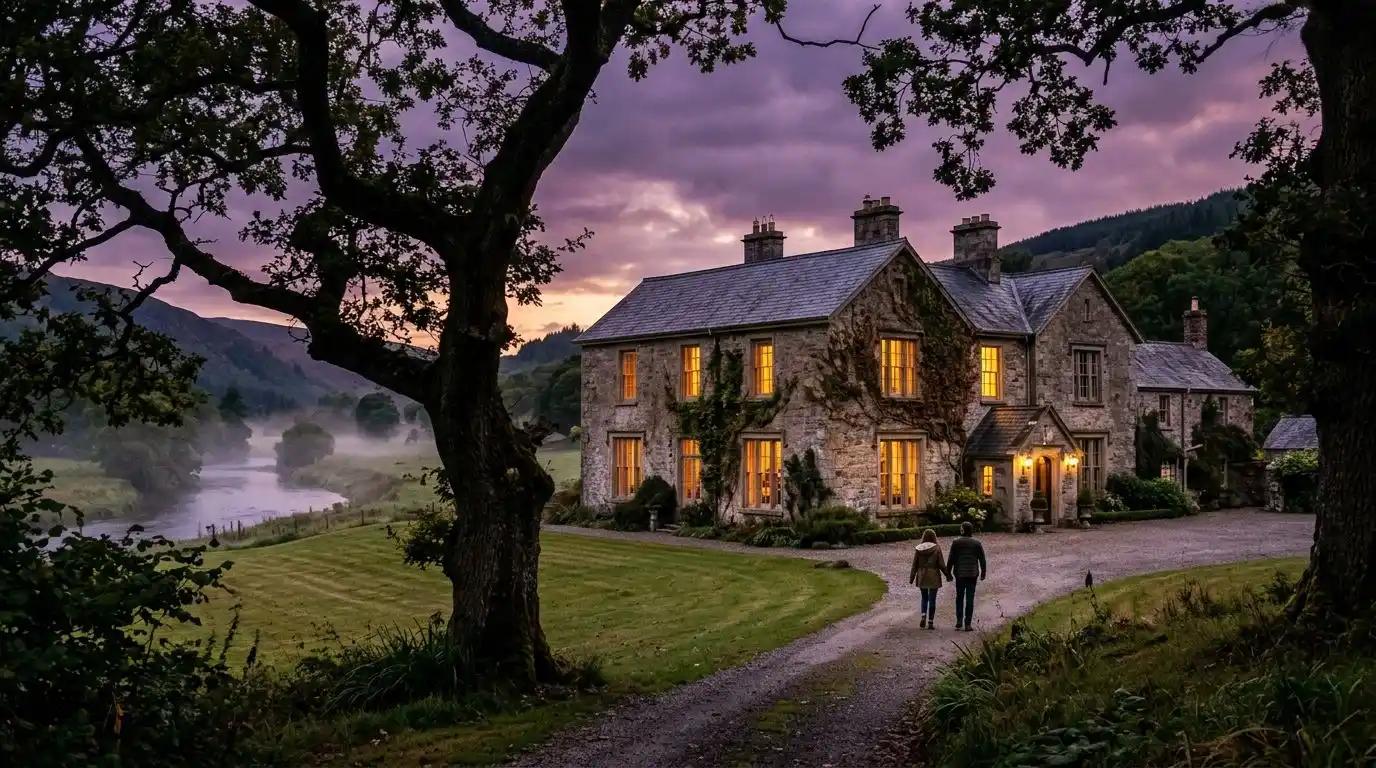 A historic luxury Irish manor house illuminated at twilight during a custom romantic honeymoon vacation.