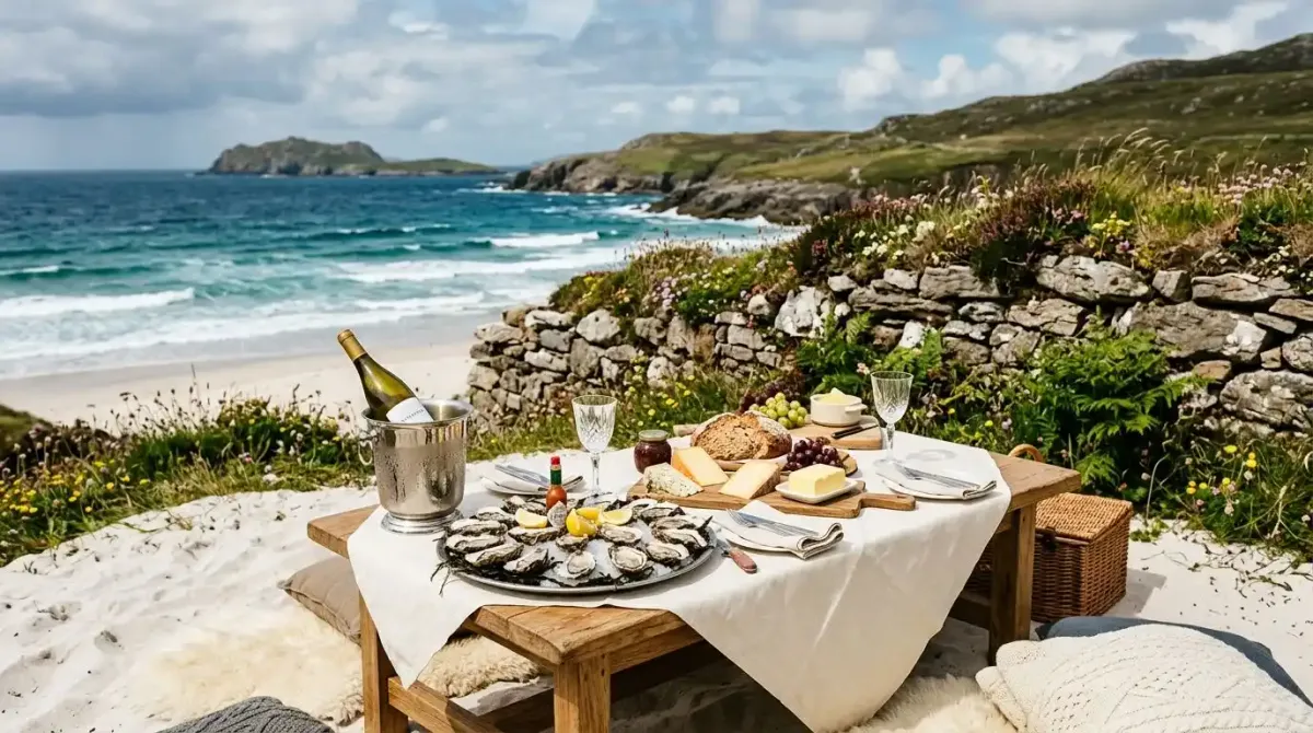 A private gourmet estate picnic served on a hidden beach during a premium walking vacation.
