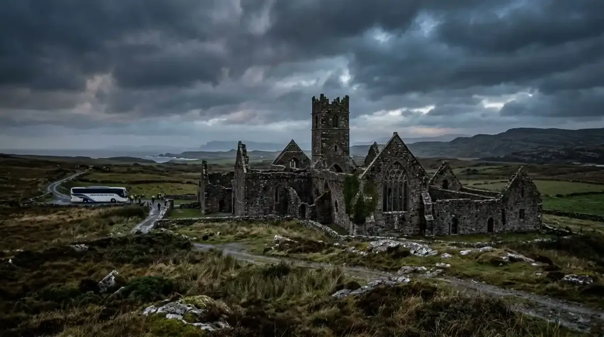 An ancient limestone monastery ruin in Ireland, reflecting the quiet preservation of historic spaces.