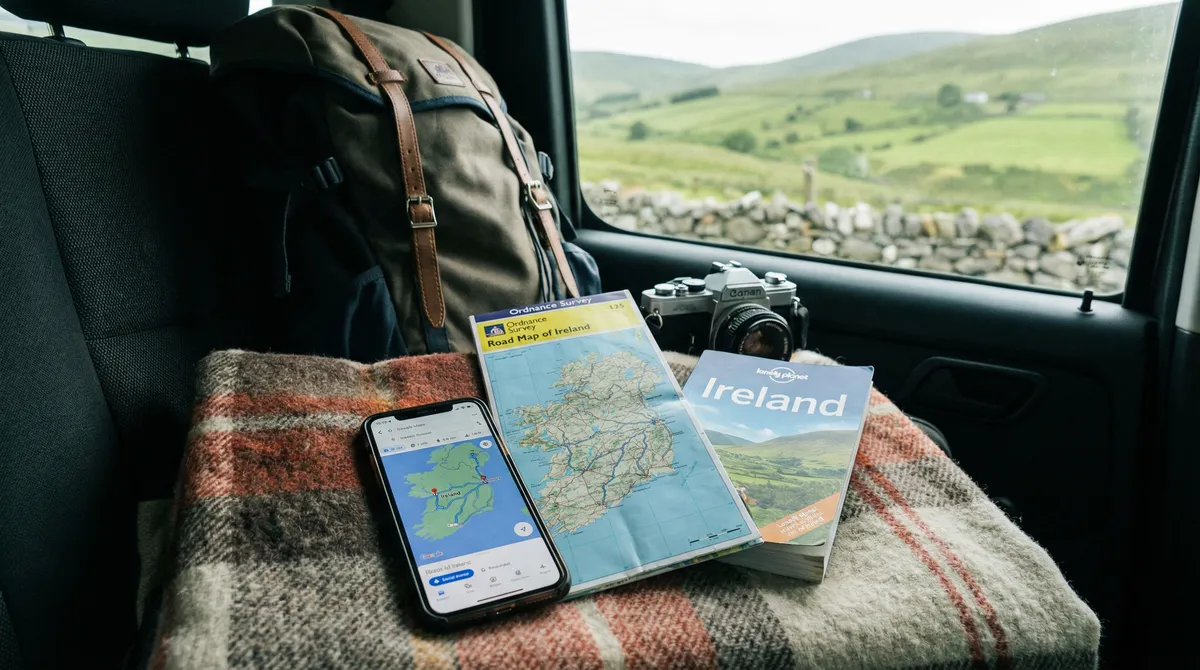 Digital and physical maps of Ireland with a travel guide, representing indispensable planning tools