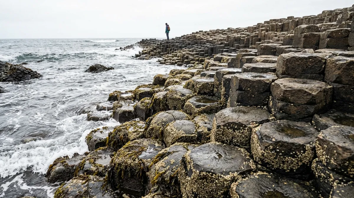 Close-up view of the hexagonal basalt columns at the Giant's Causeway, with a person in the distance