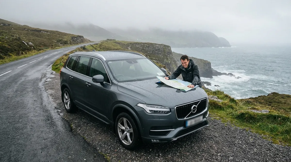 Driver checking a map on a scenic Irish road.