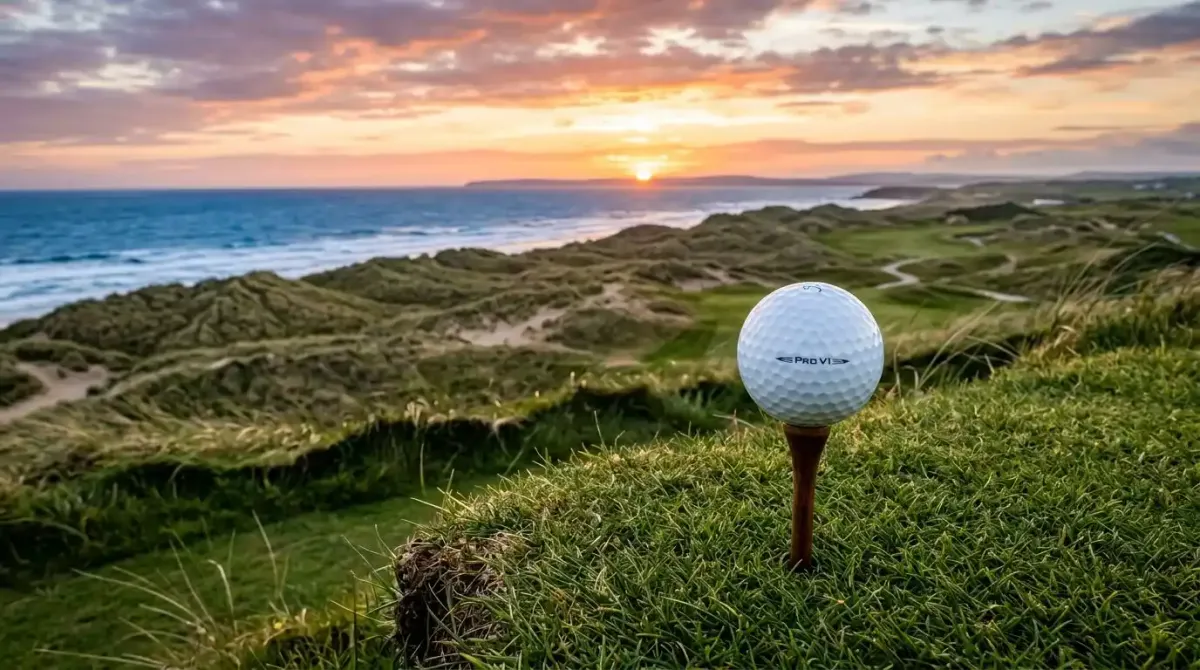 A golf ball teed up on an iconic Irish links course overlooking the ocean at sunset.