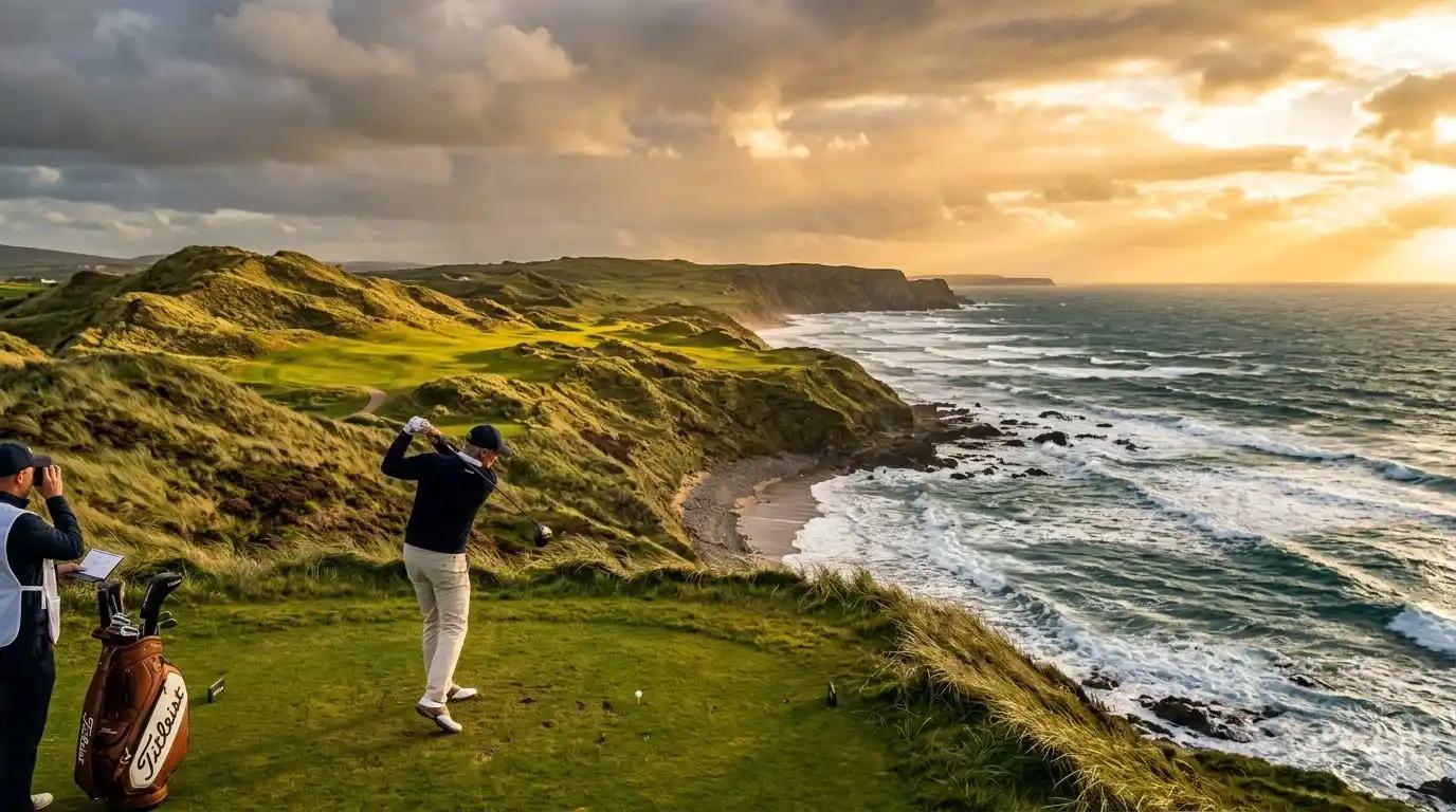 An executive traveler hitting a perfect tee shot on an iconic Irish links golf course overlooking the ocean.