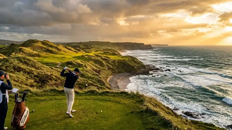 An executive traveler hitting a perfect tee shot on an iconic Irish links golf course overlooking the ocean.