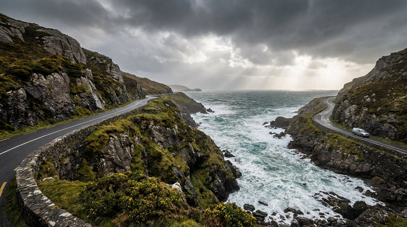 Dramatic coastal road along the Wild Atlantic Way with a modern car in the distance