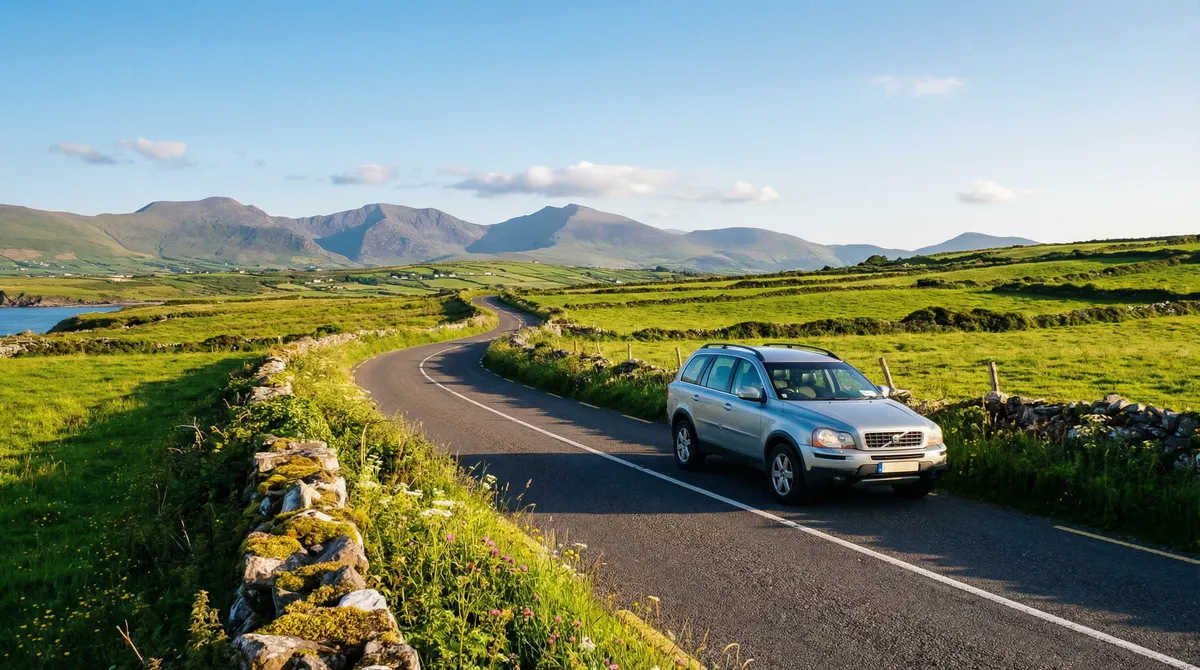 Modern rental car driving freely on a winding country road in rural Ireland