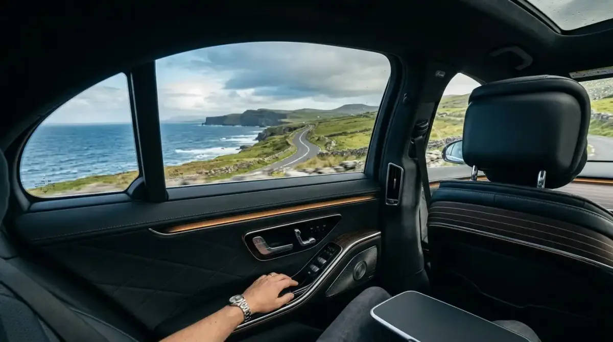 The interior of a premium private chauffeur vehicle overlooking the scenic Atlantic coast during a luxury tour of Ireland.