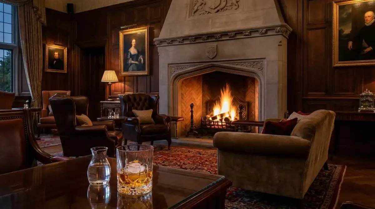 Inside a luxury 5-star estate hotel lounge in Ireland featuring a roaring fireplace and fine whiskey.